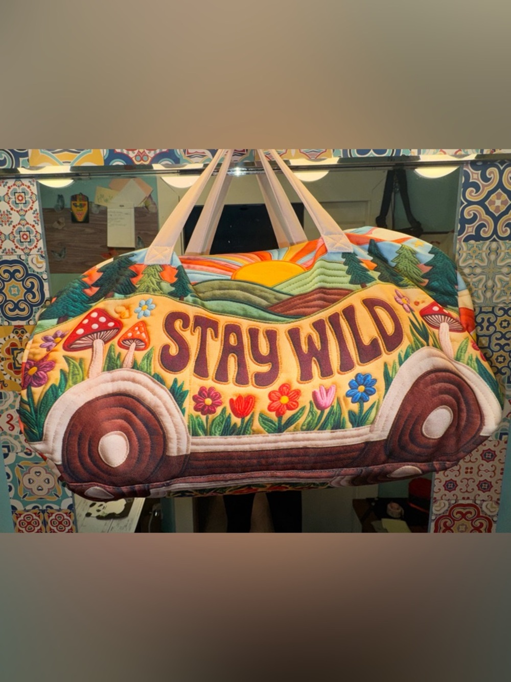 ‘Stay Wild’ Retro Camper Van Bag Boho Travel Small Duffel Festival Tote